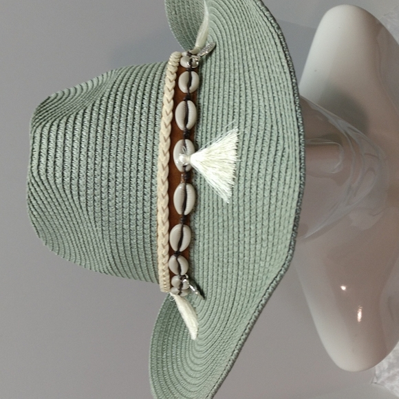 Unisex Woven Western Straw Beach Sun Hat Cowrie Cowry Shells Tassels Sage Green - Picture 11 of 15